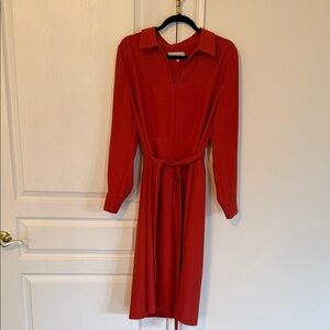 Long Sleeve Red Midi Shirt Dress with Self-Tie Waist